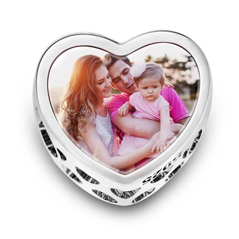 Family Heart Photo Charm Sterling Silver for Bead Braceletss
