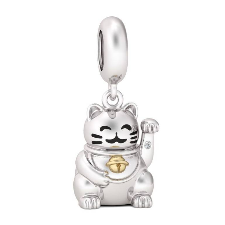 Lucky Cat Wearing Bell Dangle Charm S925 Sterling Silver Pendant Gift for Animal Lovers