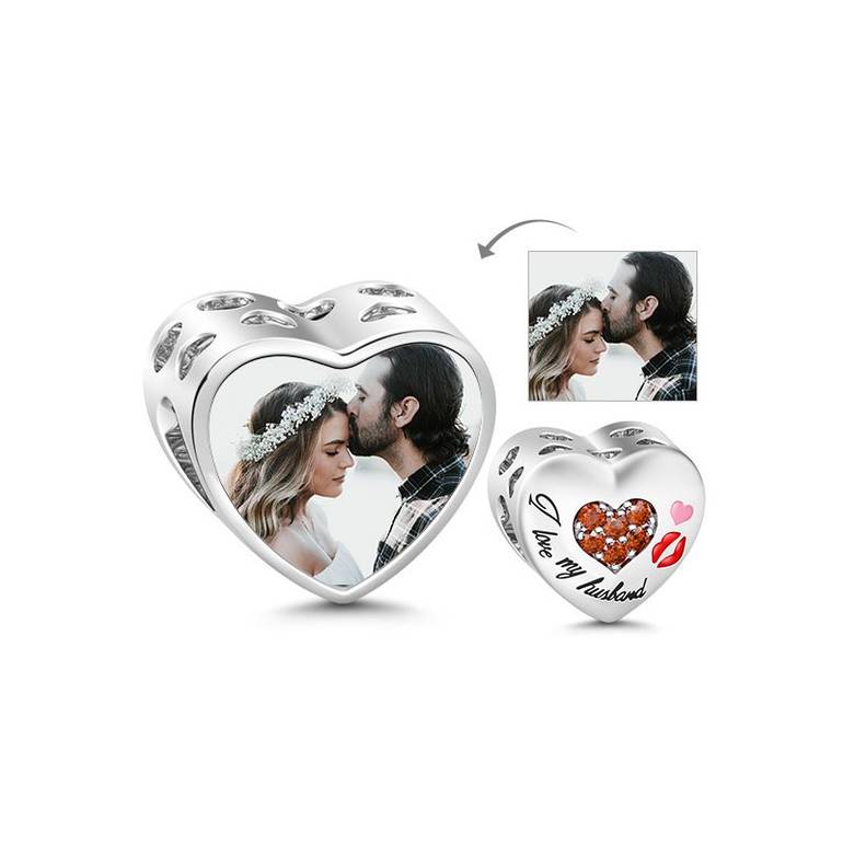 I Love My Husband Hollow Hearts 925 Sterling Silver Photo Charm Bead