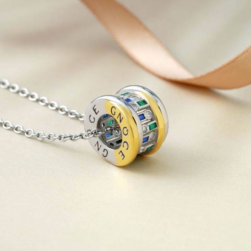 Gnoce Alternating Blue & Green Emerald Cut Drum Pendant Necklaces
