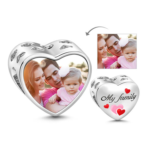 Family Heart Photo Charm Sterling Silver for Bead Braceletss