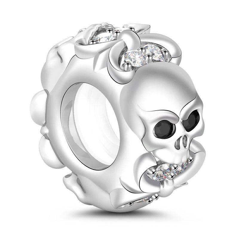 Skull Stopper Bead Charm 925 Sterling Silver Designed with Fleur-De-Lis