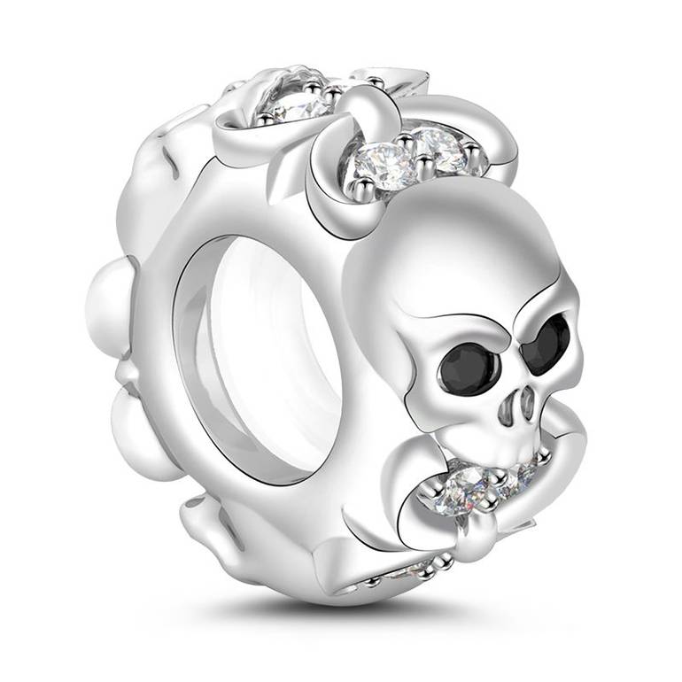 Skull Stopper Bead Charm 925 Sterling Silver Designed with Fleur-De-Lis