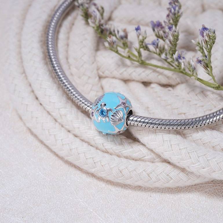 Sea World Charm Bead Sterling Silver Inlaid with Colorful Gemstones