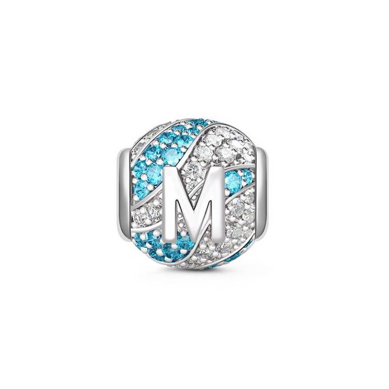 Letter M Charm with Aquamarine & Clear CZ 925 Sterling Silver