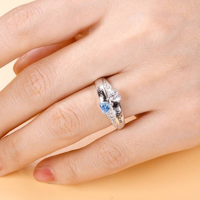 Customized S925 Silver Double Heart Stones Ring