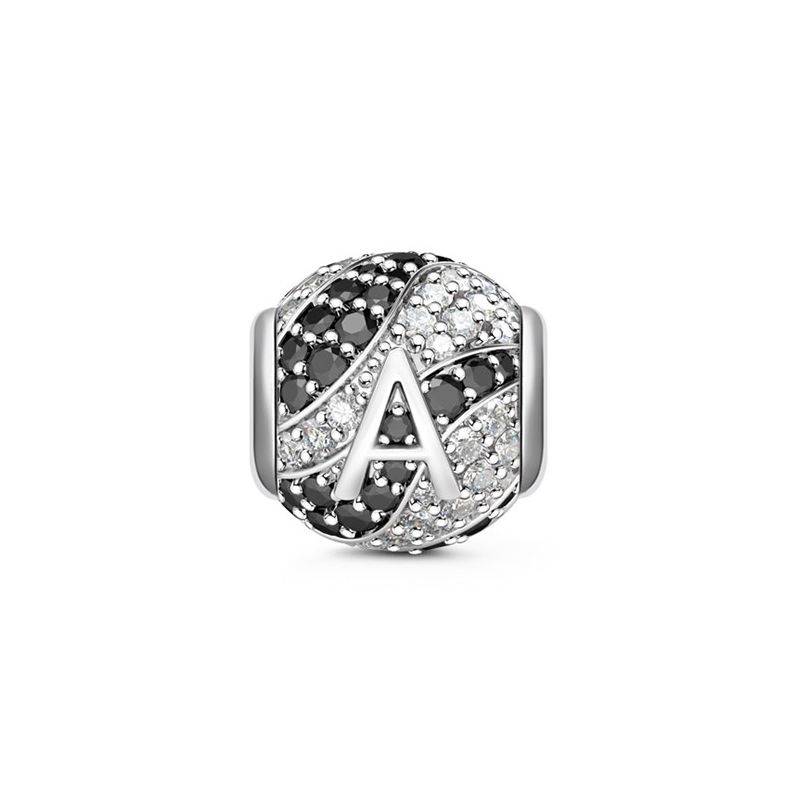 Letter A Charm with Black & Clear CZ Stones 925 Sterling Silver Bead