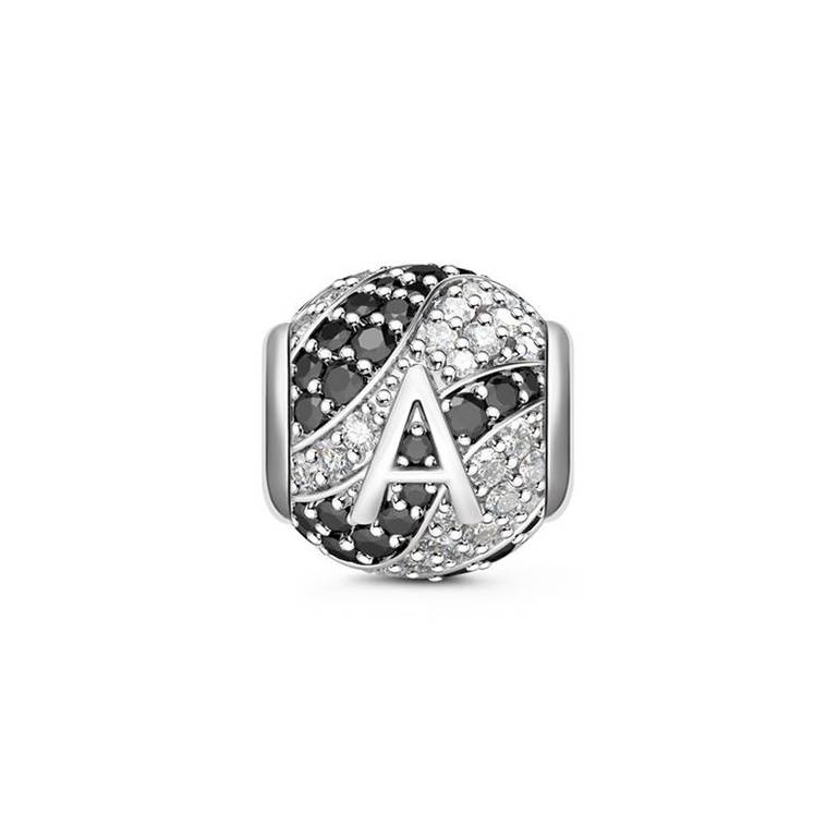 Letter A Charm with Black & Clear CZ Stones 925 Sterling Silver Bead