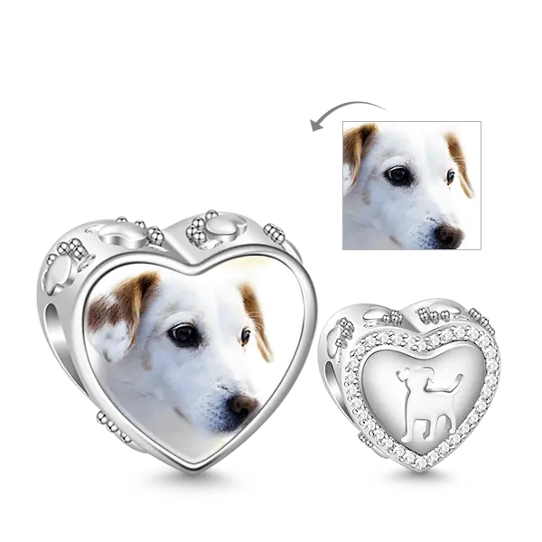 Heart Shaped Puppy Photo Charm Bead White Sapphire 925 Sterling Silver