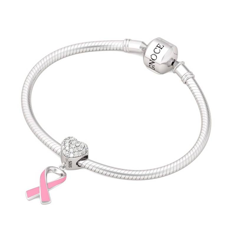 Breast Cancer Awareness Charm 925 Sterling Silver Pink Enamel Ribbon
