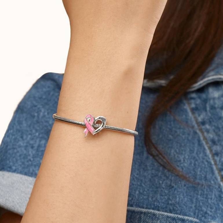 Gnoce Breast Cancer Awareness Pink Ribbon Heart Charm