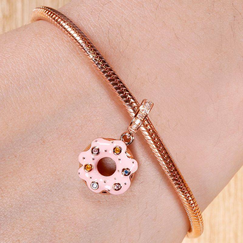 Pink Donut Pendant Charm S925 Sterling Silver 18K Rose Gold Plated