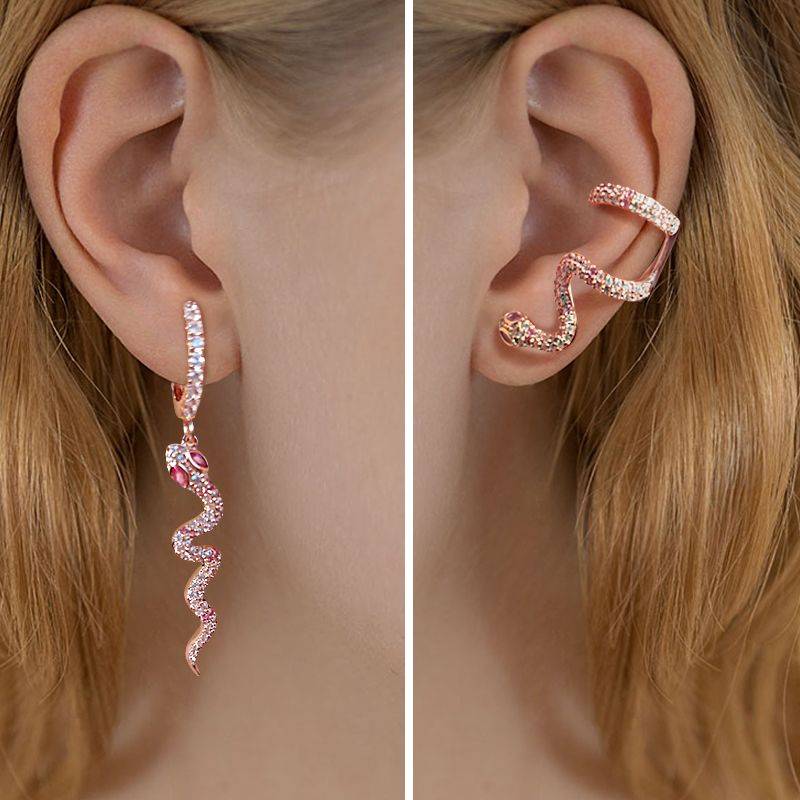 Pink Snake Earrings with Clear CZ Stones S925 Silver