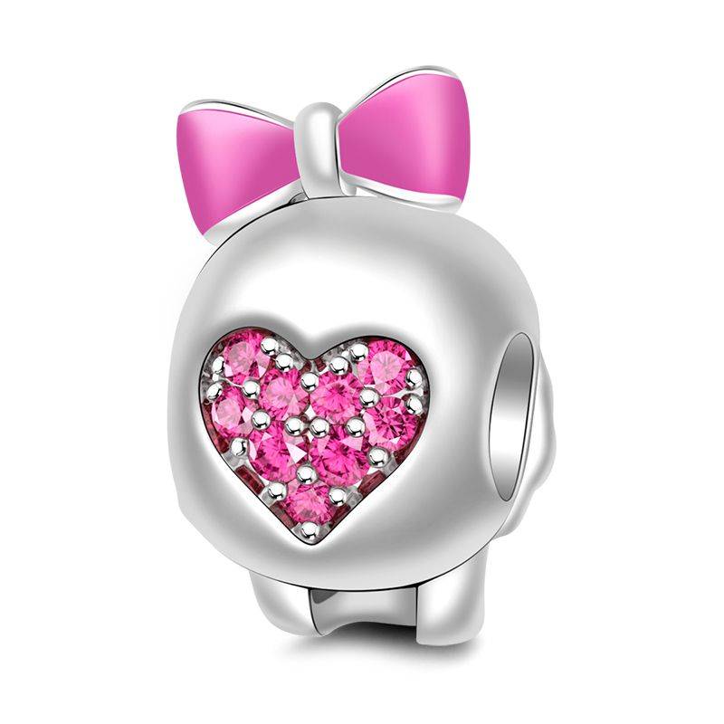 Skull with Pink Enamel Bowknot Charm 925 Sterling Silver Paved Pink Sapphire