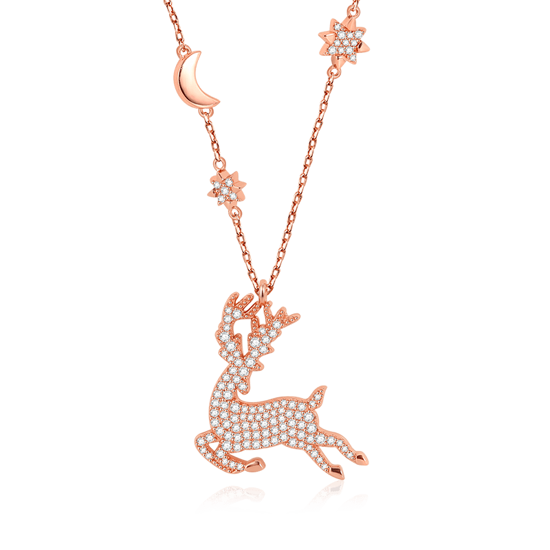 Elk Necklaces Sterling Silver 18k Rose Gold Plated Paved with Stones