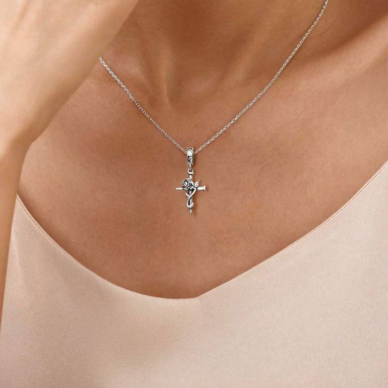 Gnoce Vintage Rose Cross Pendant Dangle Charm