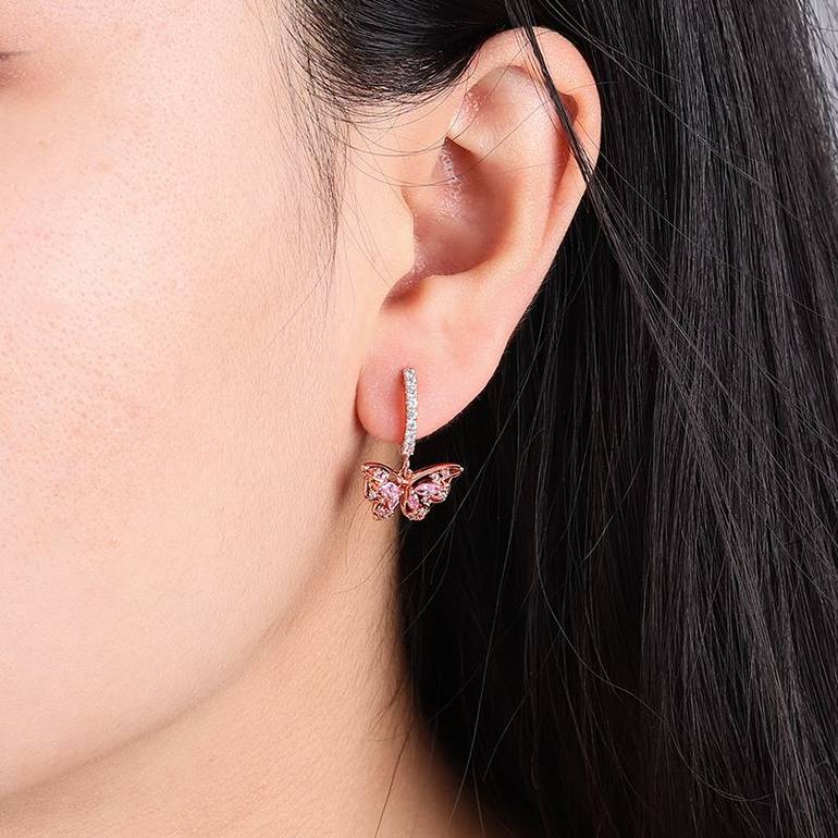 Butterfly Dangle Hoop Earrings 18k Rose Gold Plated 925 Sterling Silver Openwork