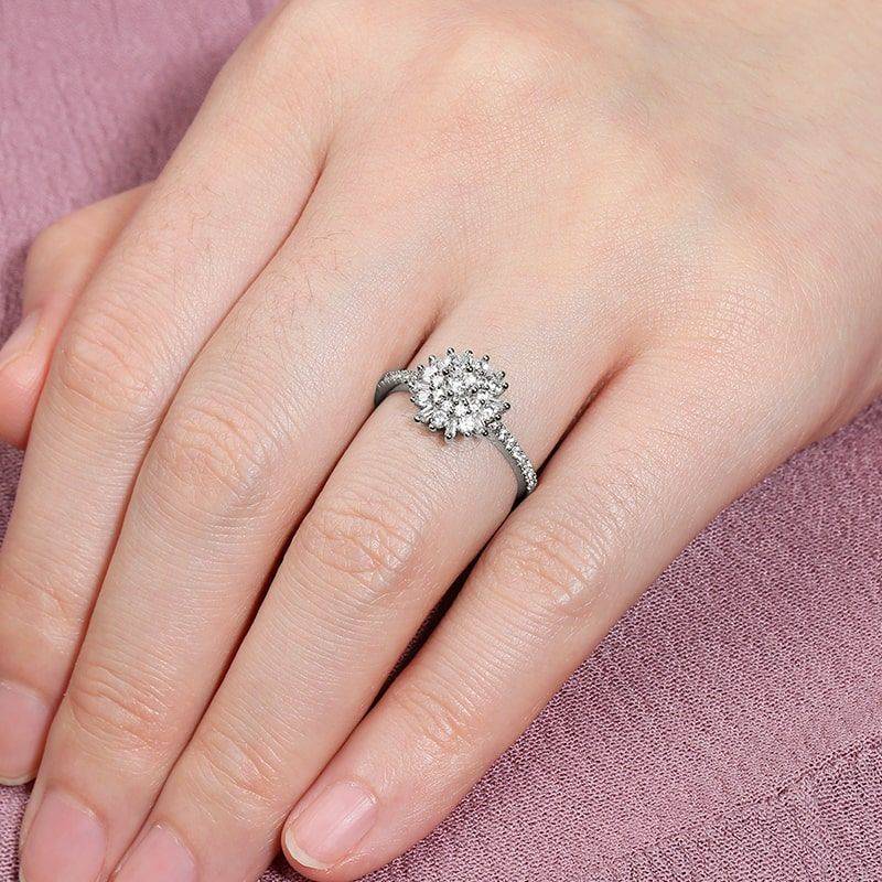 Flower Promise Ring Round Baguette Cut White Sapphire for Woman