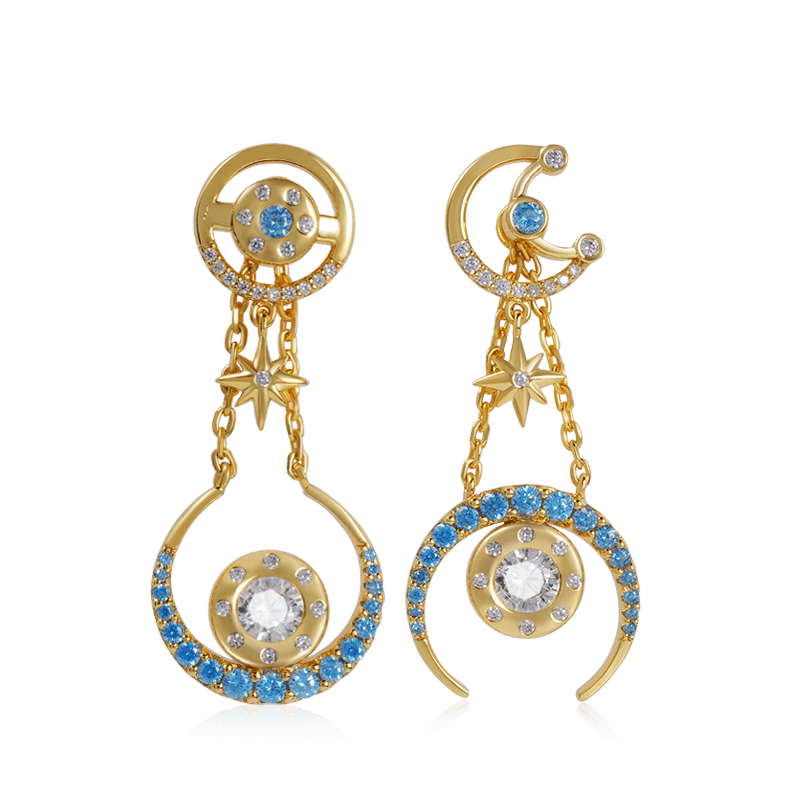 Star Moon Asymmetrical Pattern Dangle Earrings Inlaid with Colorful Gems Sterling Silver 18K Gold Plated