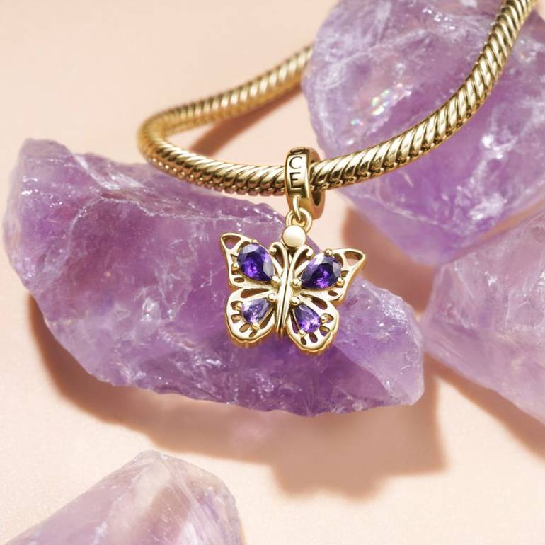 Gnoce 18k Gold Plated Openable Purple Butterfly Engravable Pendant Dangle Charm