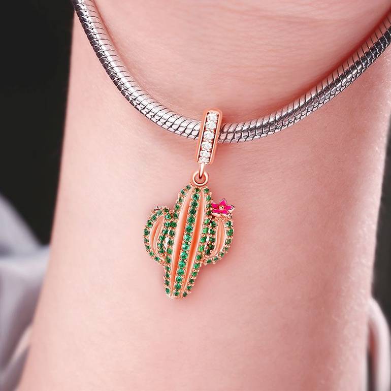 Cactus Charm Plants Pendant Sterling Silver with Cz for Mom