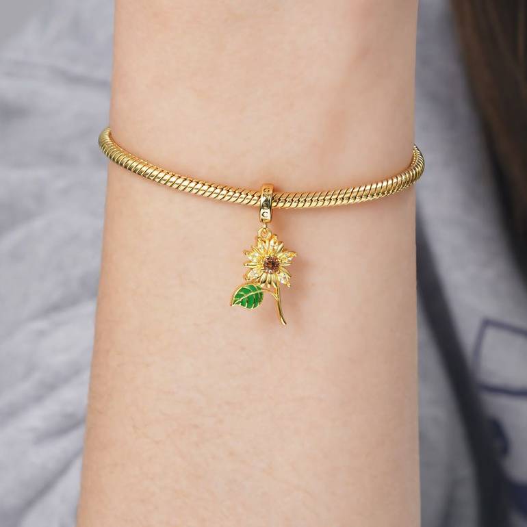 Sunflower Pendant Dangle Charm 925 Sterling Silver 18K Gold Plated Green Enamel Leaf CZ Stone Inlay