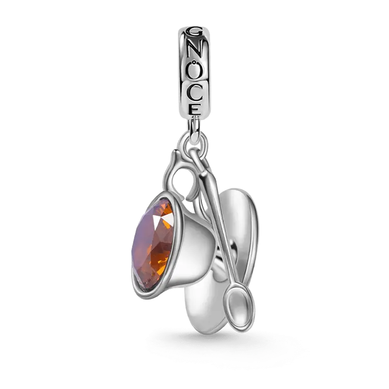 Tea Cup and Saucer Set Pendant Dangle Charm 925 Sterling Silver Inlaid with Brown CZ Stone