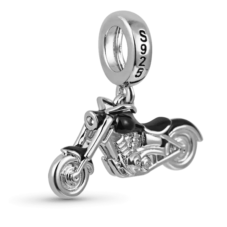 Black Motorcycle Pendant Dangle Charm Sterling Silver