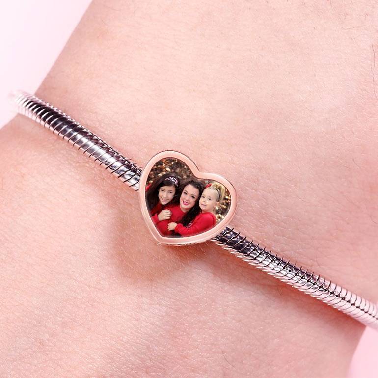 Heart Hollow Custom Engravable Photo Charm 18k Rose Gold Plating 925 Sterling Silver