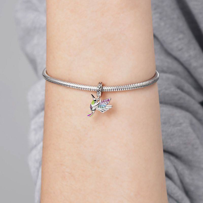 Hummingbird Pendant Dangle Charm 925 Sterling Silver Colorful Enamels and Gemstones Inlaid