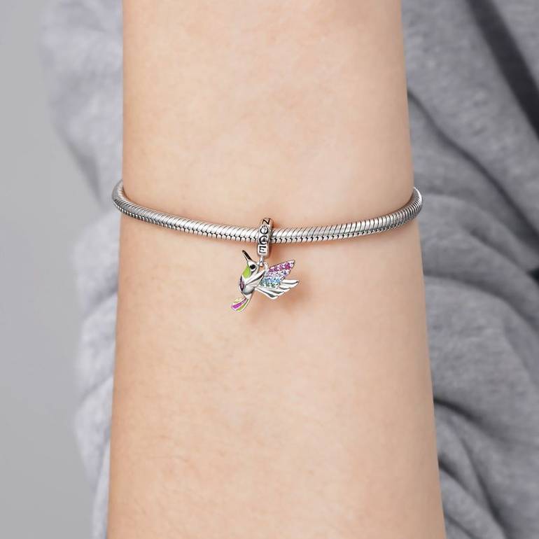 Hummingbird Pendant Dangle Charm 925 Sterling Silver Colorful Enamels and Gemstones Inlaid