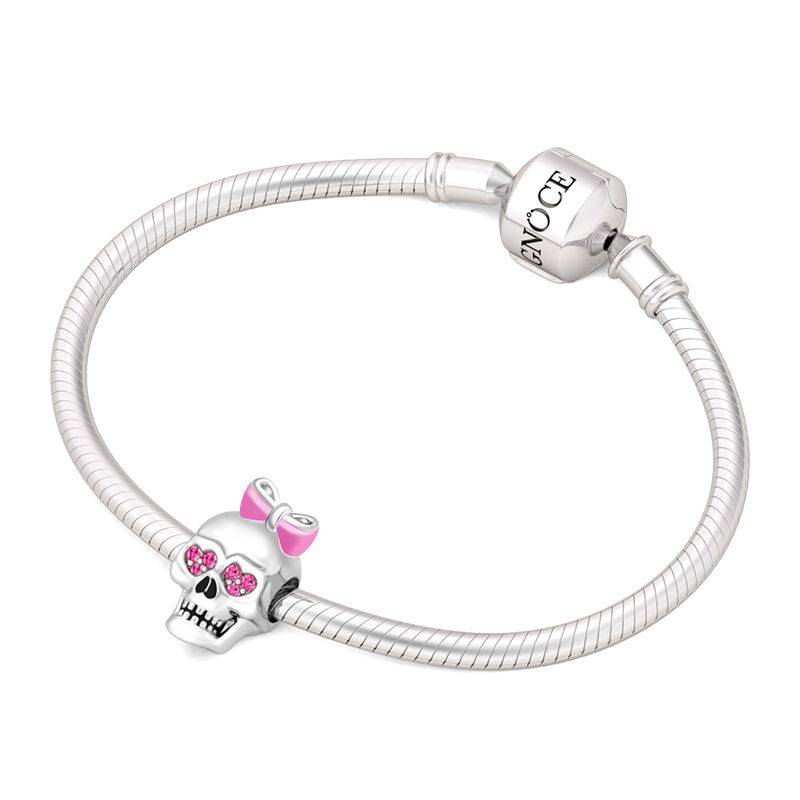 Skull with Pink Enamel Bowknot Charm 925 Sterling Silver Paved Pink Sapphire