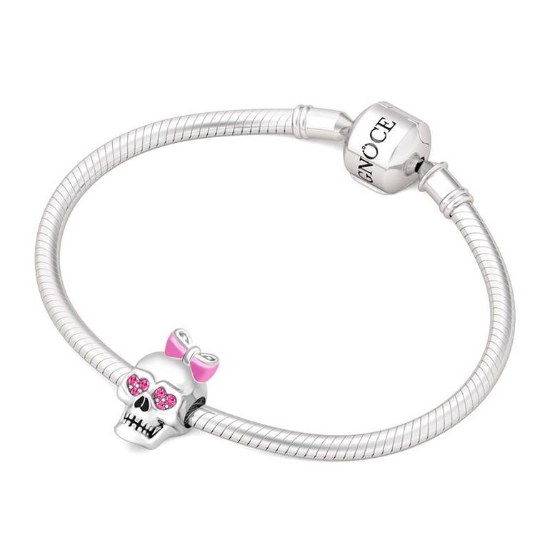 Skull with Pink Enamel Bowknot Charm 925 Sterling Silver Paved Pink Sapphire