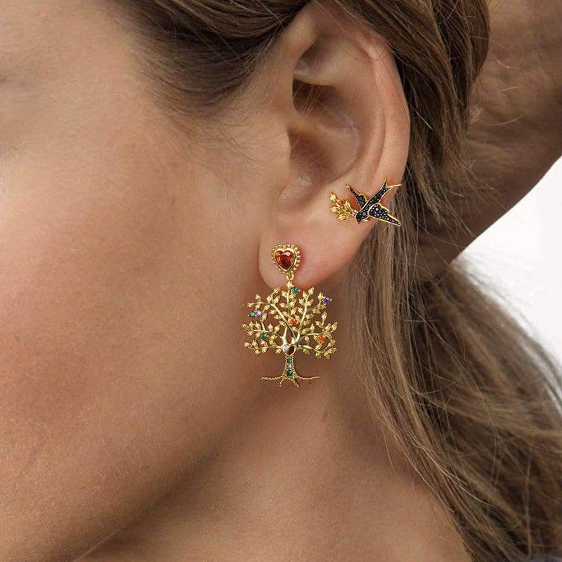 Tree of Life & swallow Ear Studs 925 Sterling Silver 18k Gold Plated inlaid with Stones Mother's Day Gift