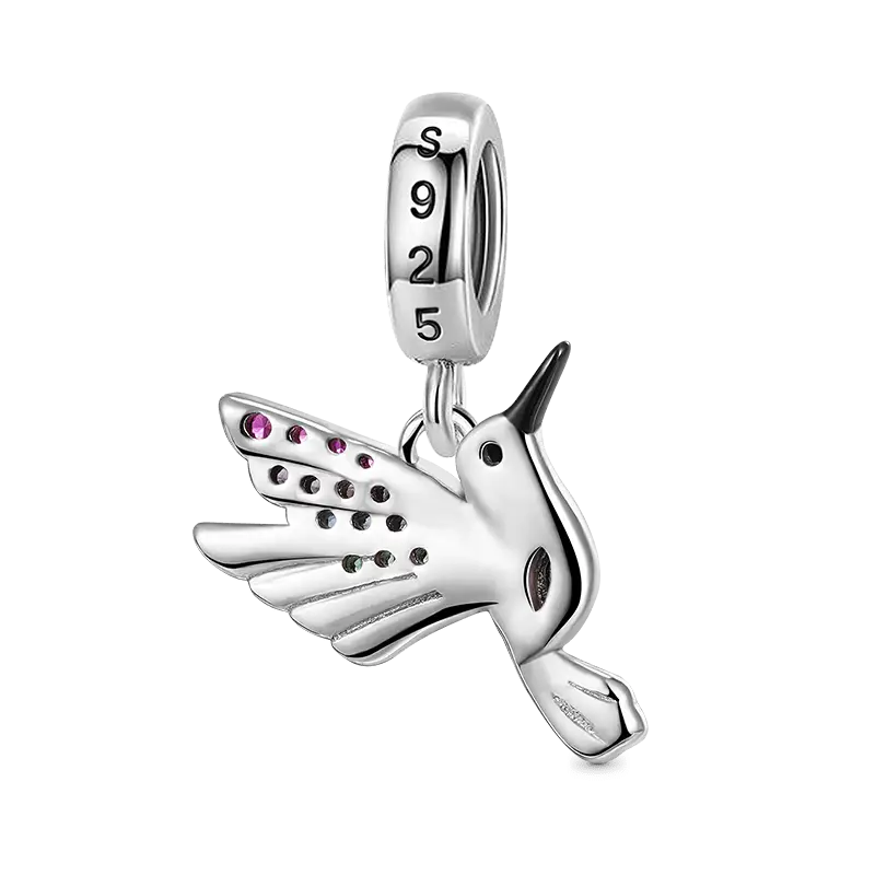 Hummingbird Pendant Dangle Charm 925 Sterling Silver Colorful Enamels and Gemstones Inlaid