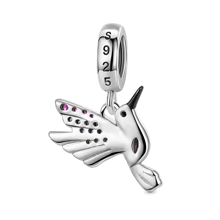 Hummingbird Pendant Dangle Charm 925 Sterling Silver Colorful Enamels and Gemstones Inlaid
