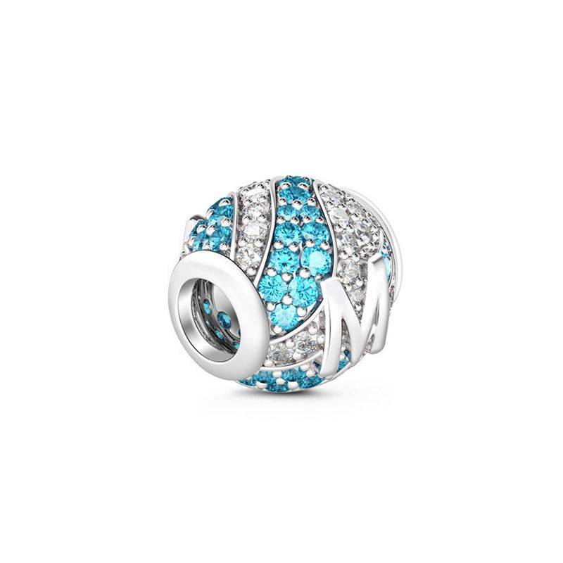 Letter M Charm with Aquamarine & Clear CZ 925 Sterling Silver