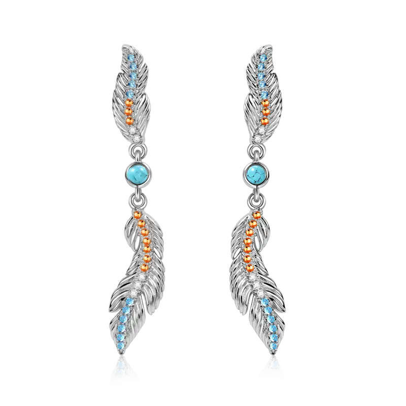 Feather Earrings Sterling Silver inlaid with Turquoise and Stones