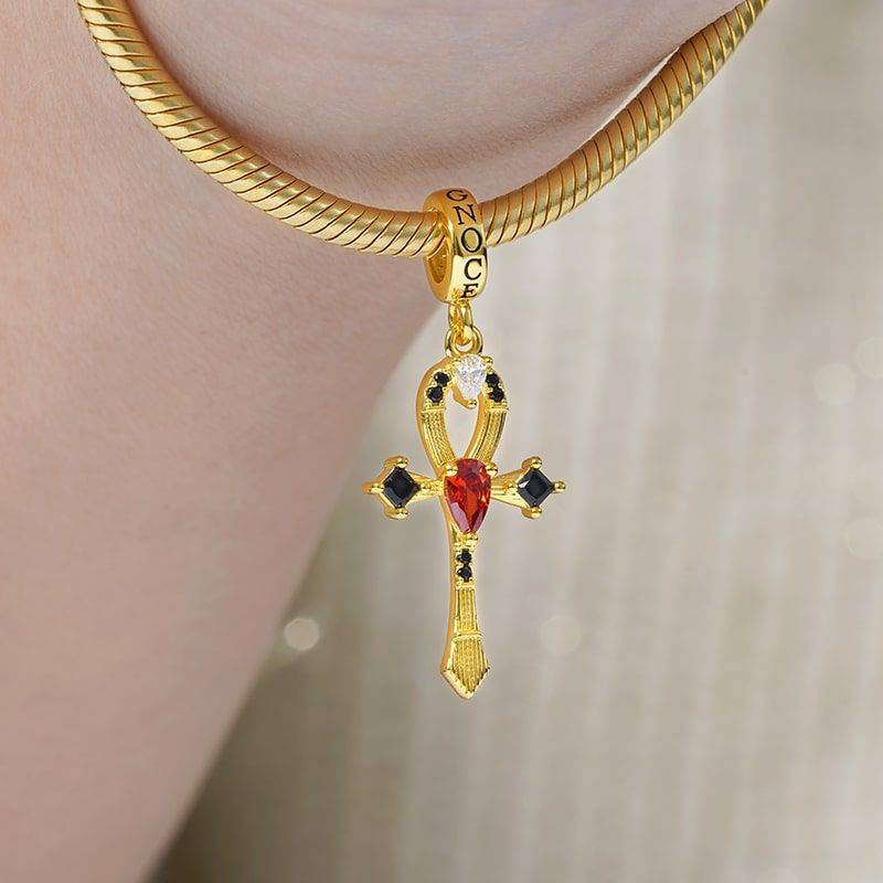 Ankh Pendant Dangle Charm Sterling Silver 18k Gold Plated inlaid with Stones