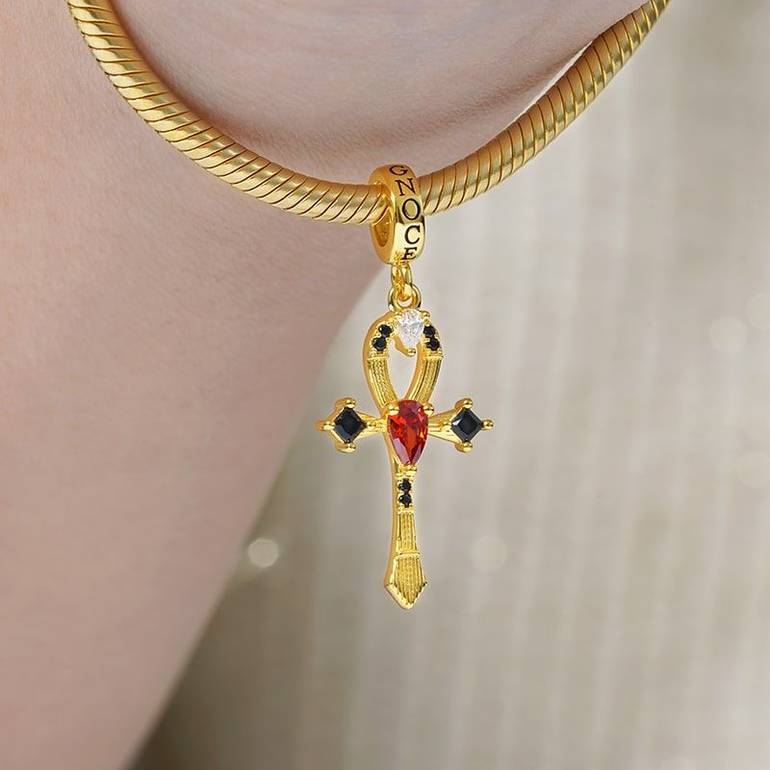 Ankh Pendant Dangle Charm Sterling Silver 18k Gold Plated inlaid with Stones