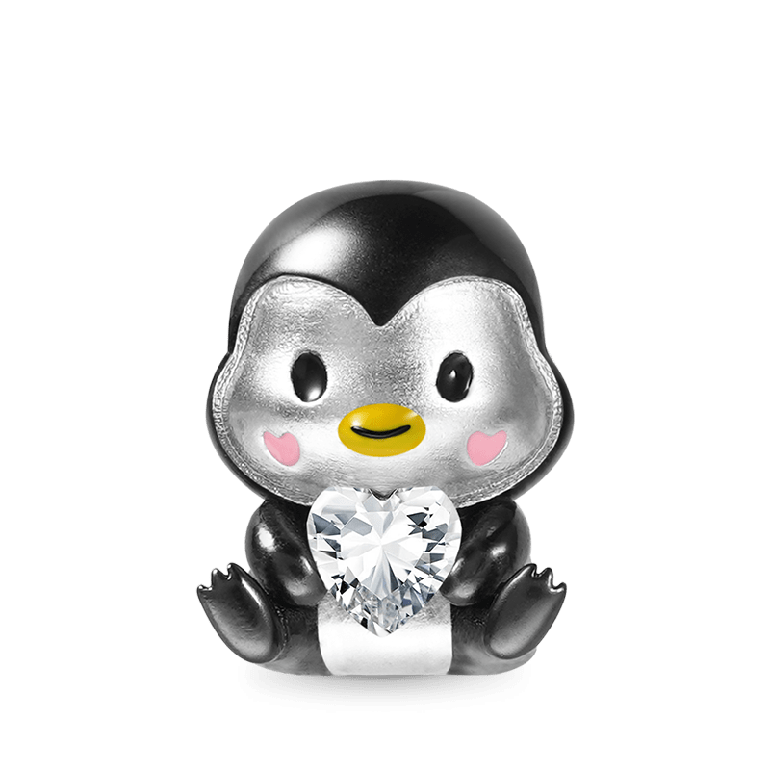 Cute Penguin Embraces Heart Gemstone Charm Bead 925 Sterling Silver