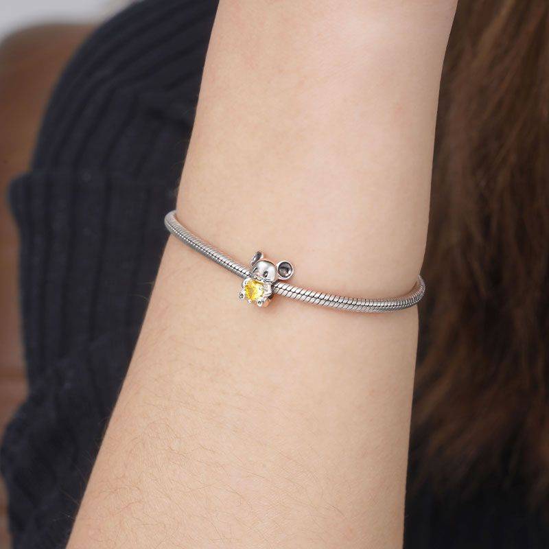 Mouse Embraces Heart Gemstone Charm Bead 925 Sterling Silver