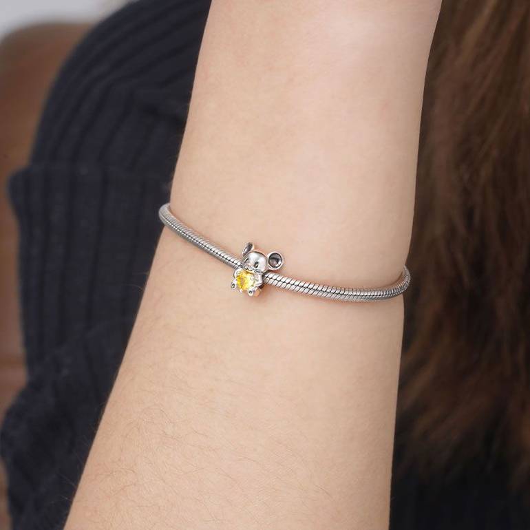 Mouse Embraces Heart Gemstone Charm Bead 925 Sterling Silver