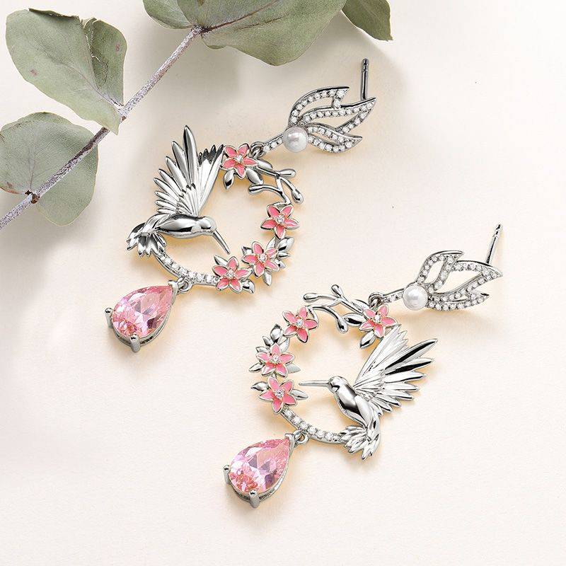 Hummingbird Flower Earrings with Sterling Silver