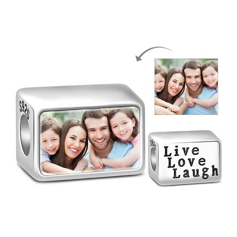 Live Love Laugh Rectangle 925 Sterling Silver Bead Charm Photo Charm
