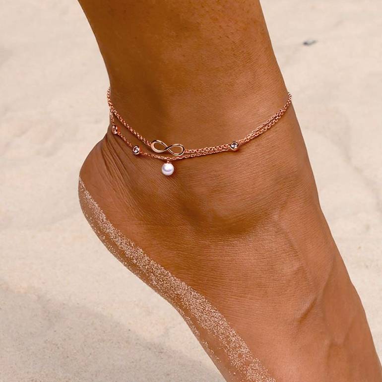 Gnoce Pearl Infinity Anklet 18K Rose Gold Plated S925 Silver Ornaments of Precious Metal