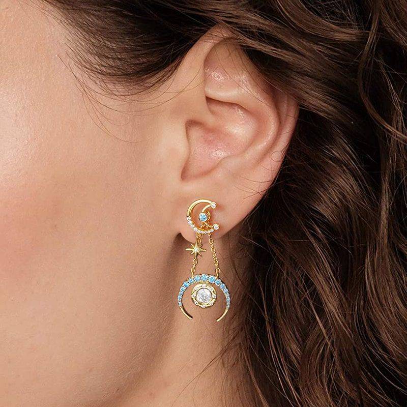 Star Moon Asymmetrical Pattern Dangle Earrings Inlaid with Colorful Gems Sterling Silver 18K Gold Plated