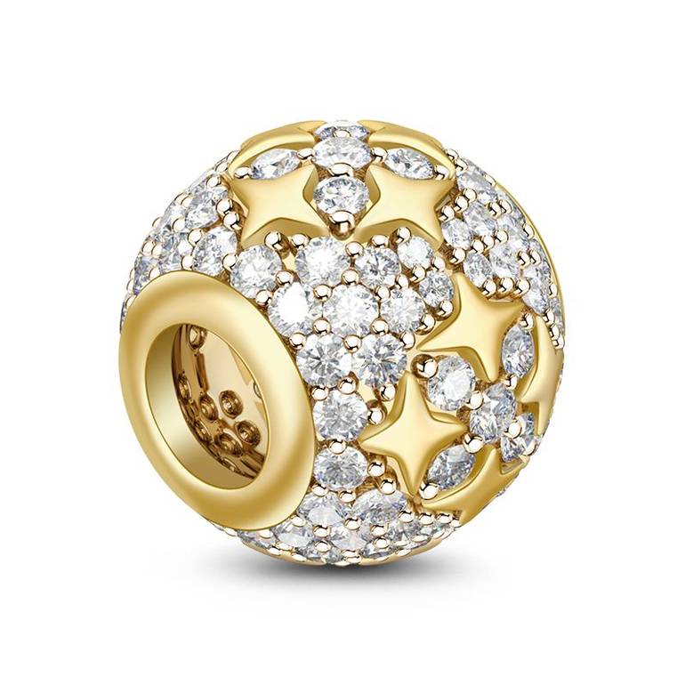Golden Star Charm Bead S925 Sterling Silver Paved Cubic Zirconia 18k Gold Plated