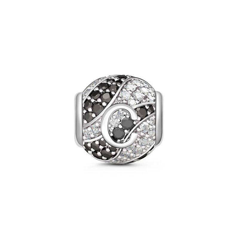 Letter C Charm with Black & Clear CZ 925 Sterling Silver