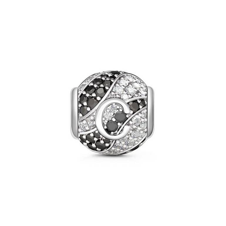 Letter C Charm with Black & Clear CZ 925 Sterling Silver
